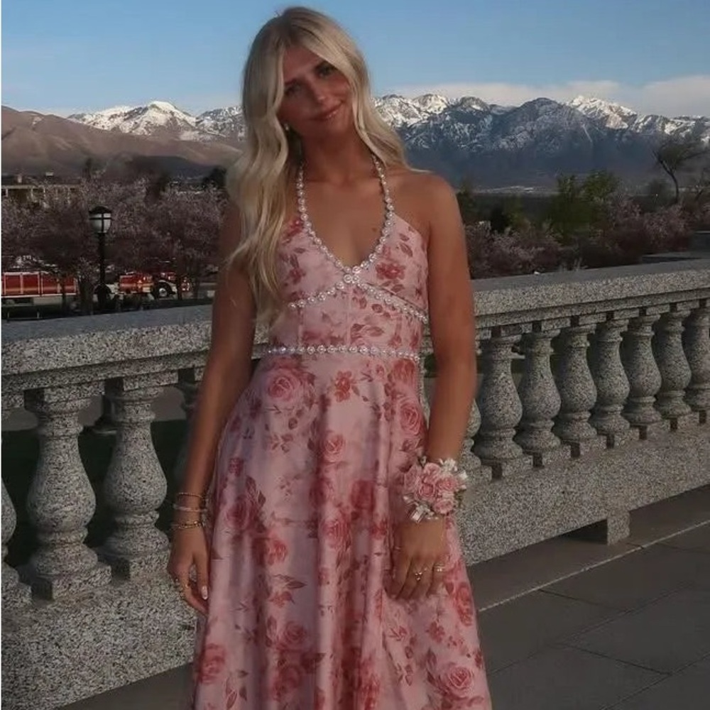 Altar'd State Anastasia Floral Pink Halter Maxi Prom Dress - Picture 6 of 6